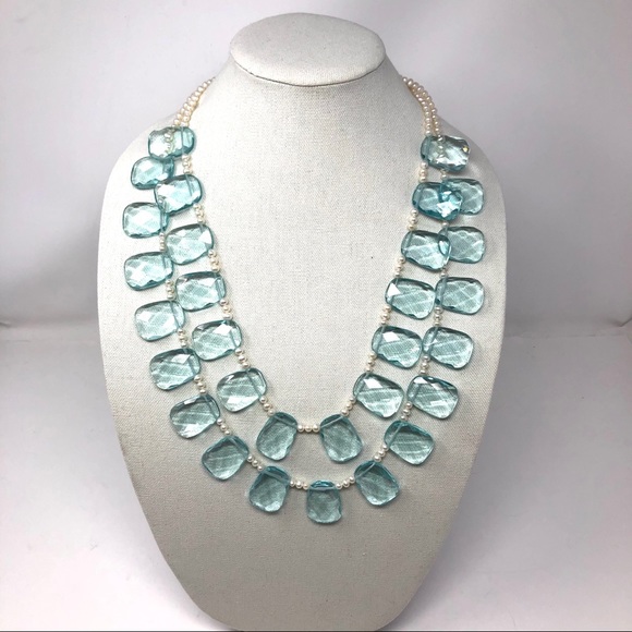 Blue crystals, cultured pearl statement necklace - Picture 6 of 8